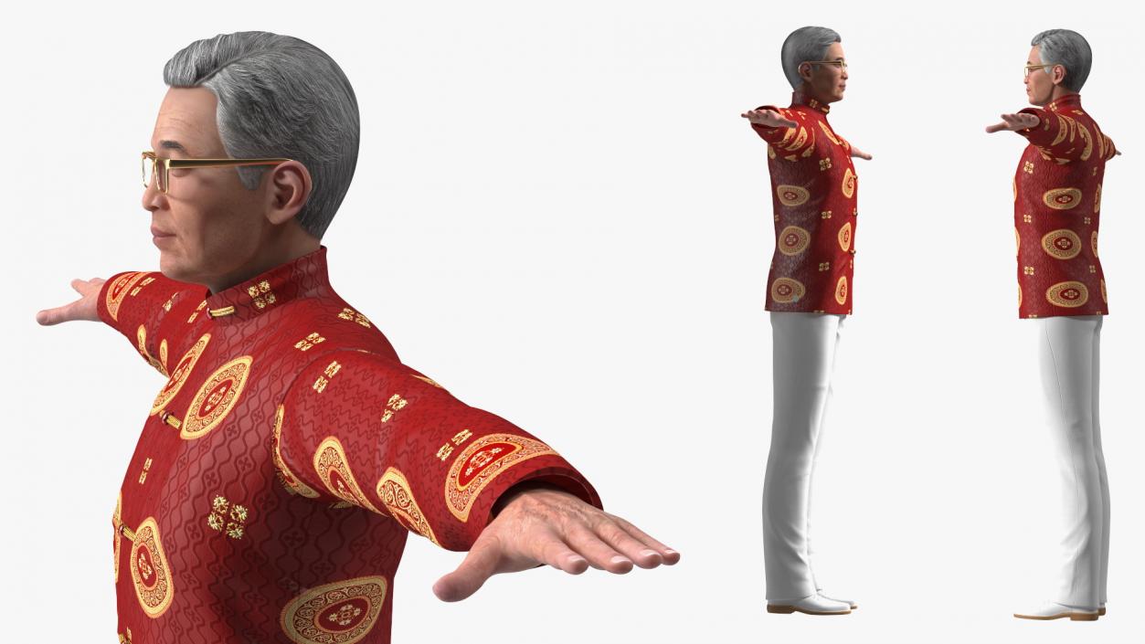 Asian Old Aged Man Traditional Wear T-Pose 3D