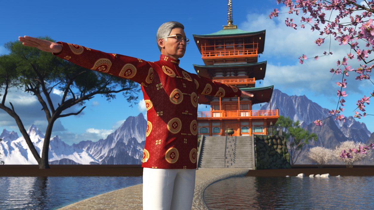 Asian Old Aged Man Traditional Wear T-Pose 3D