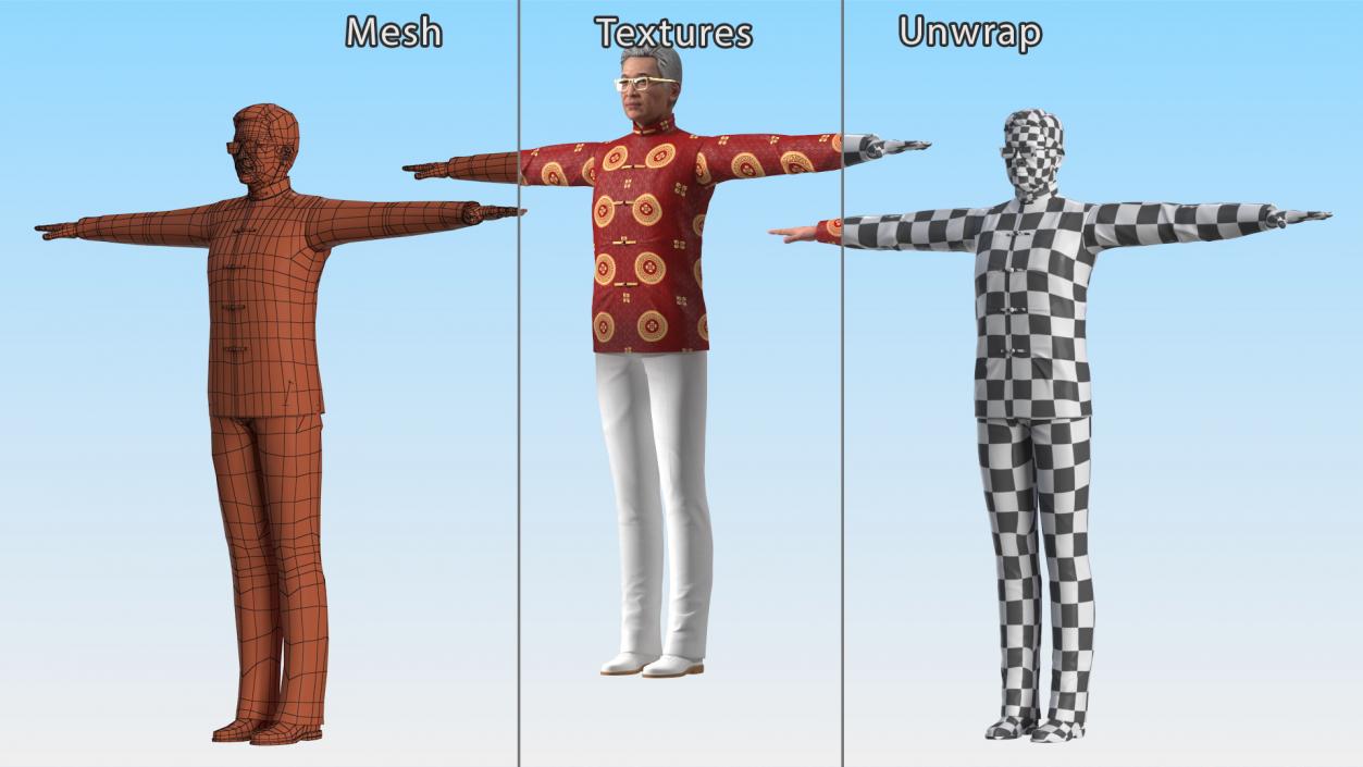 Asian Old Aged Man Traditional Wear T-Pose 3D