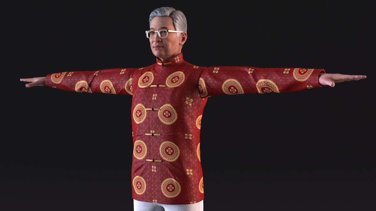 Asian Old Aged Man Traditional Wear T-Pose 3D