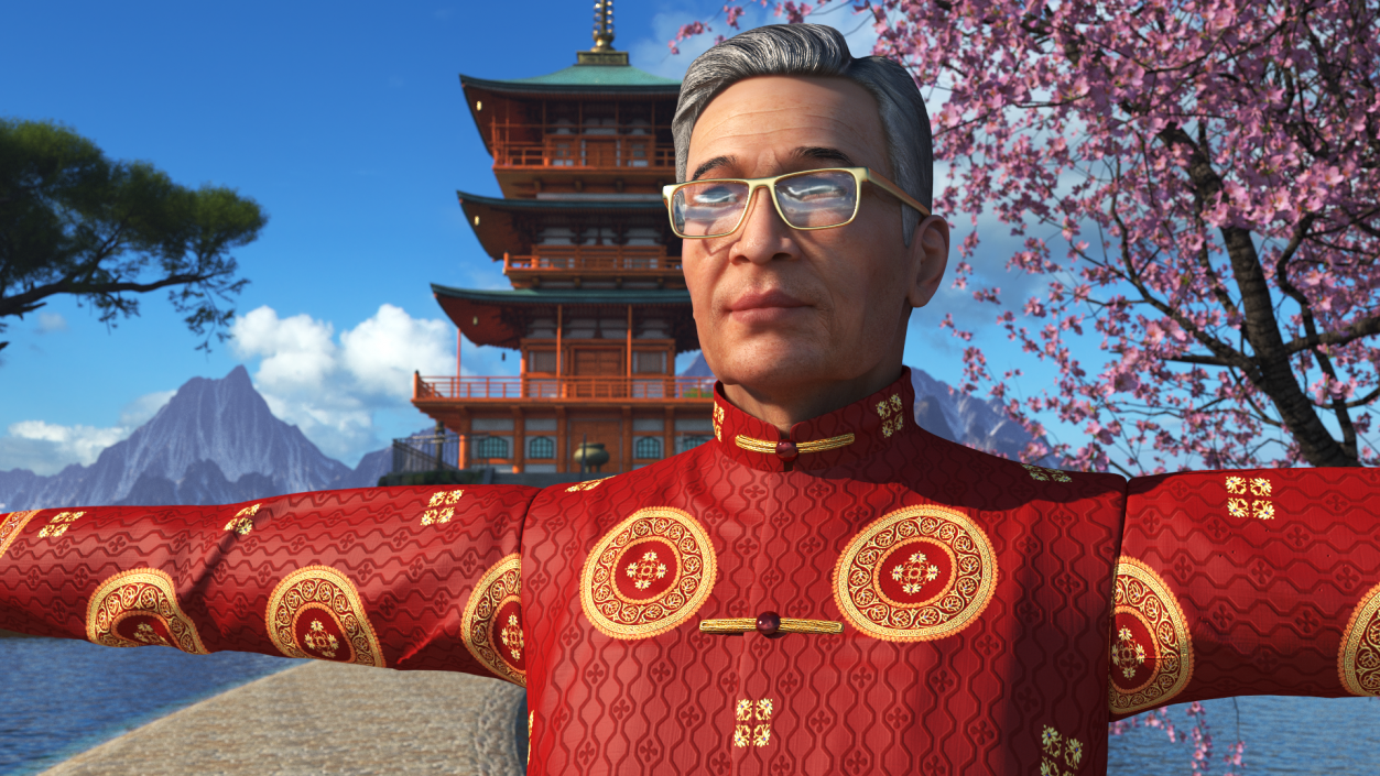 Asian Old Aged Man Traditional Wear T-Pose 3D