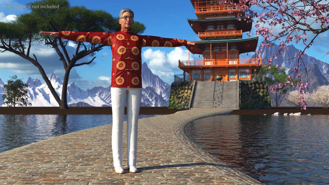 Asian Old Aged Man Traditional Wear T-Pose 3D