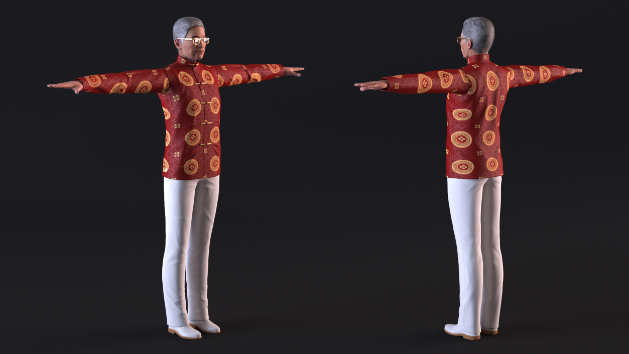 Asian Old Aged Man Traditional Wear T-Pose 3D