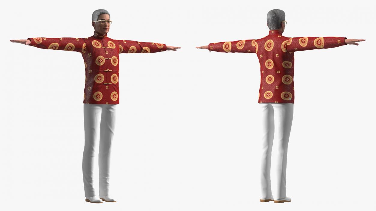 Asian Old Aged Man Traditional Wear T-Pose 3D