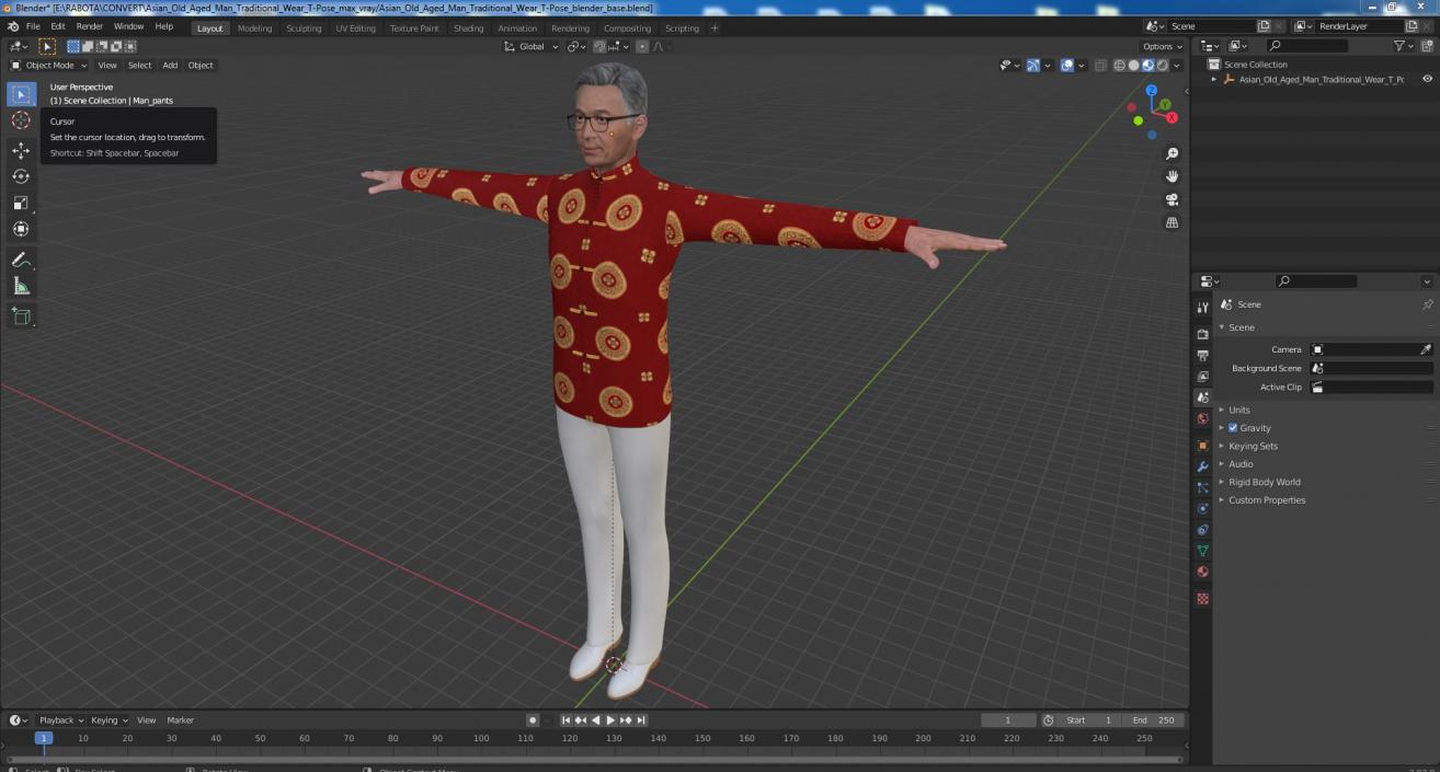 Asian Old Aged Man Traditional Wear T-Pose 3D