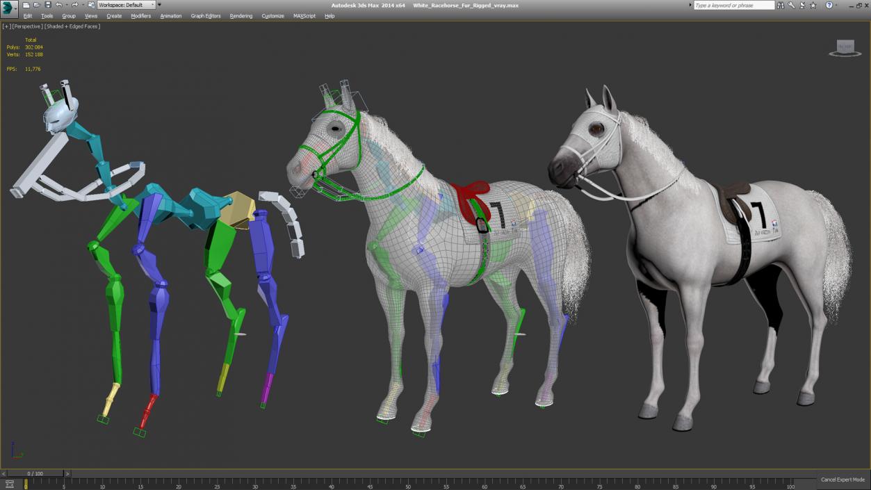 3D White Racehorse Fur Rigged