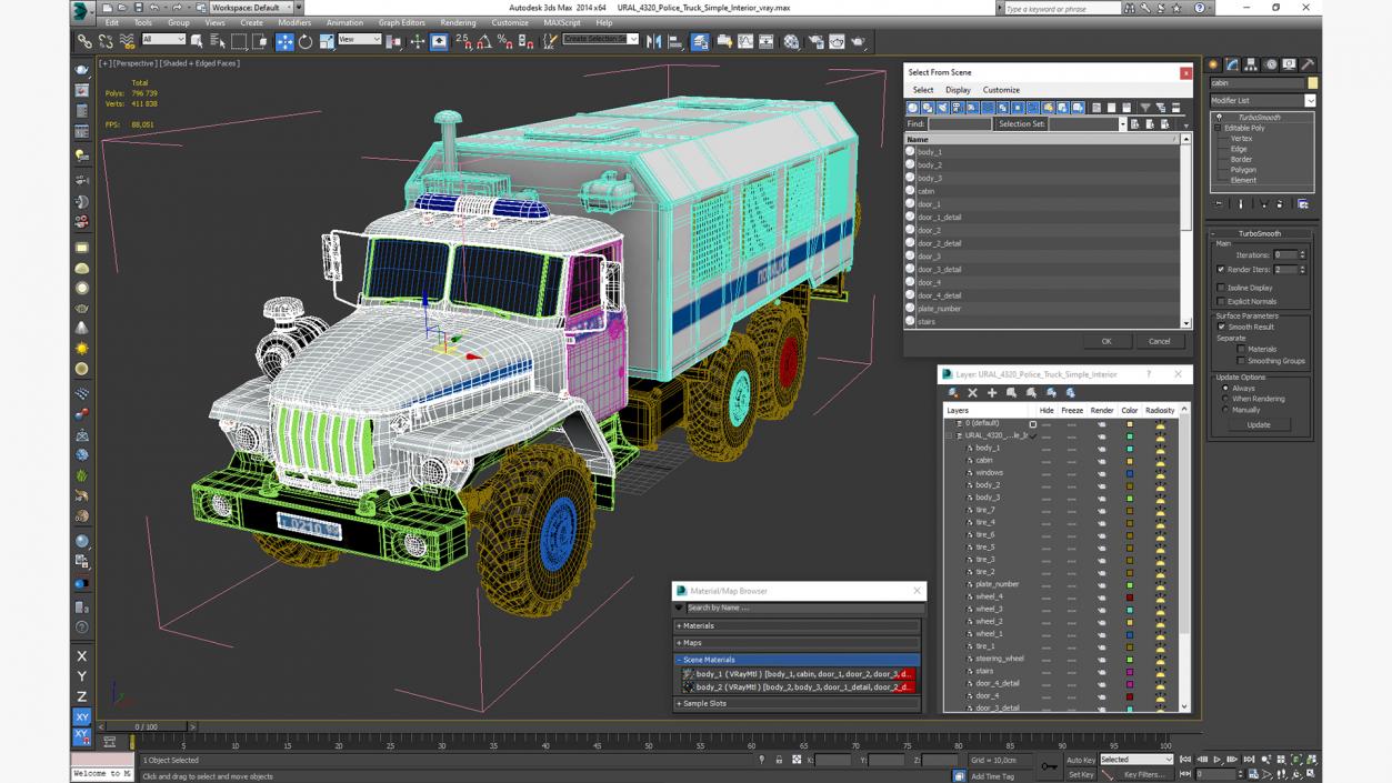 3D URAL 4320 Police Truck Simple Interior model