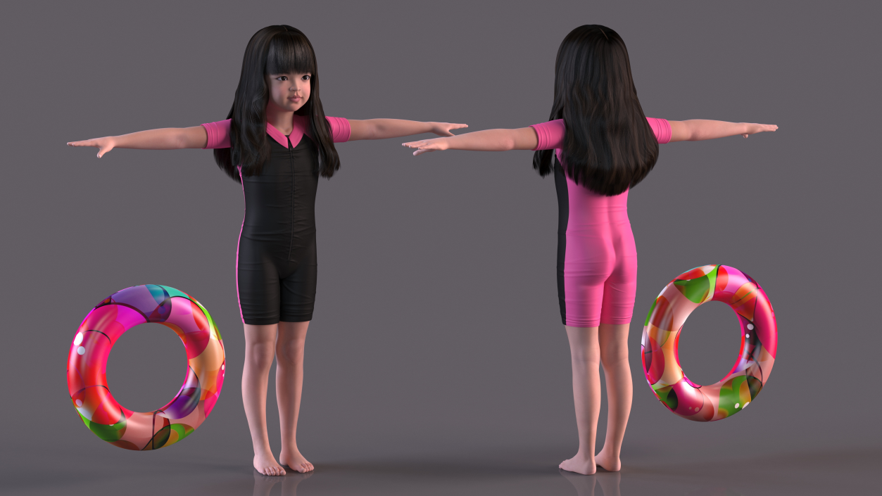 Asian Girl in Beach Suit with Inflatable Circle Rigged 3D model