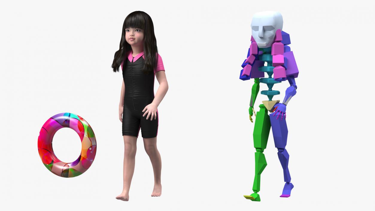 Asian Girl in Beach Suit with Inflatable Circle Rigged 3D model