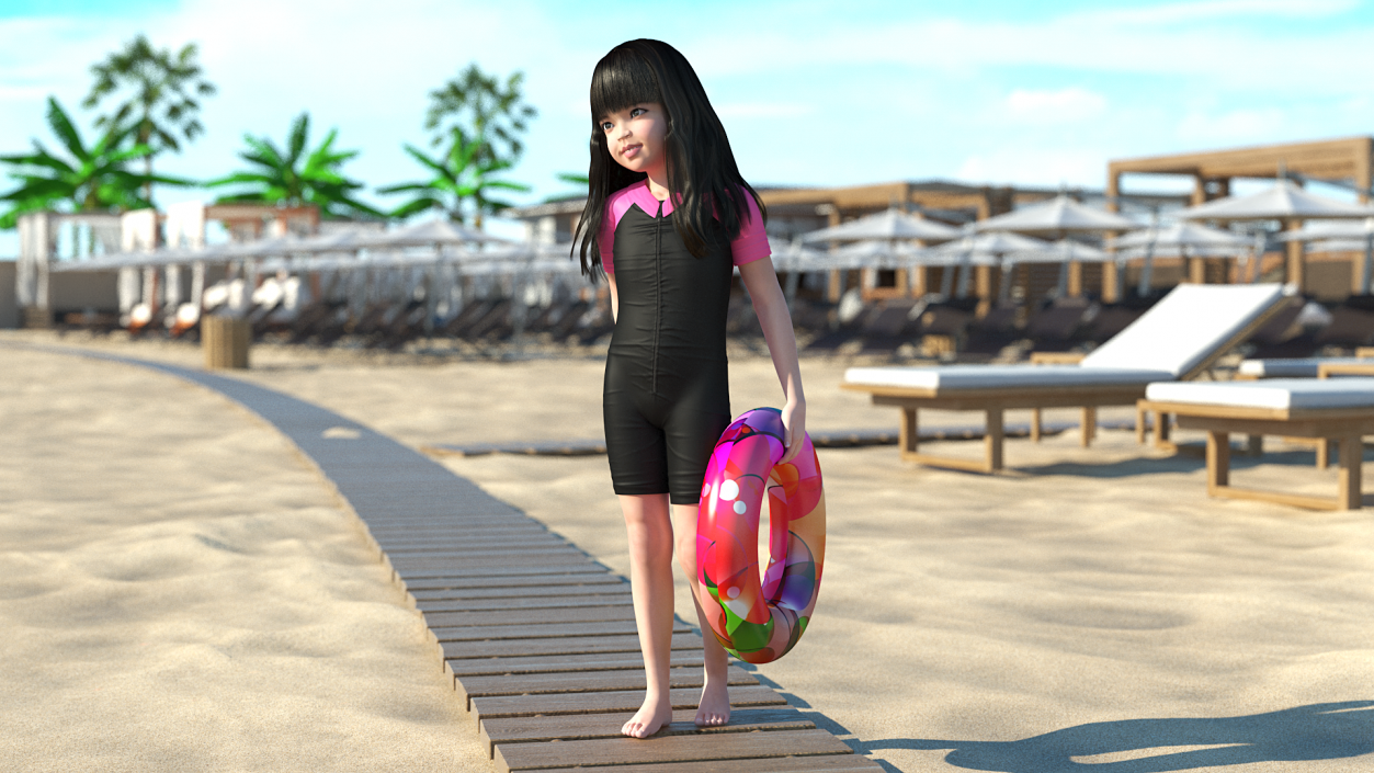 Asian Girl in Beach Suit with Inflatable Circle Rigged 3D model