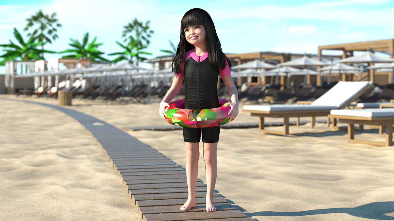 Asian Girl in Beach Suit with Inflatable Circle Rigged 3D model