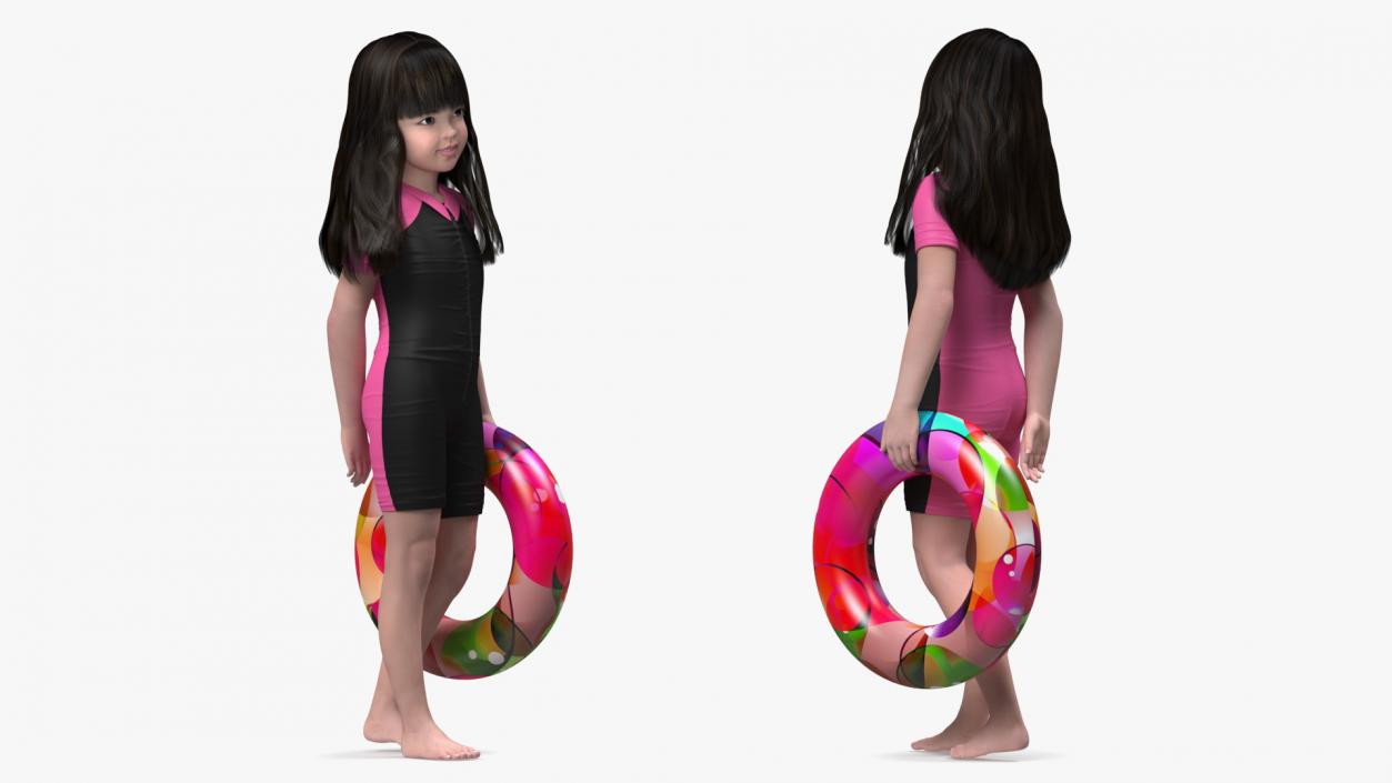 Asian Girl in Beach Suit with Inflatable Circle Rigged 3D model