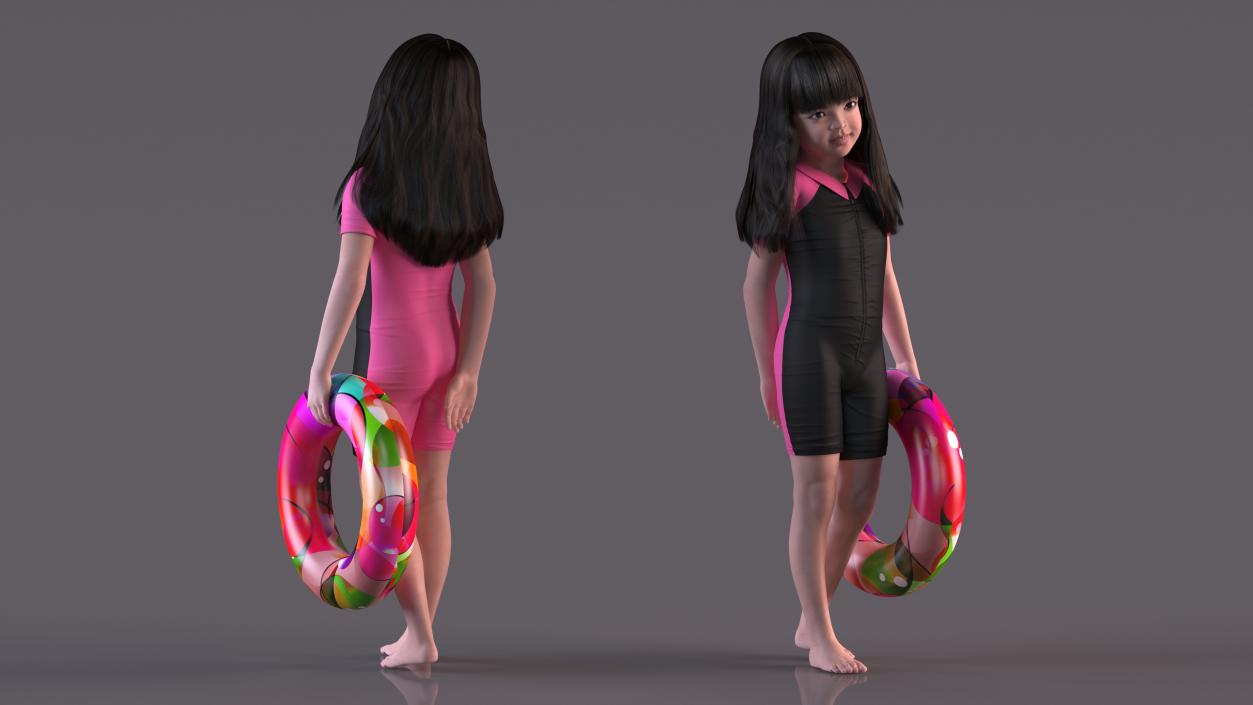 Asian Girl in Beach Suit with Inflatable Circle Rigged 3D model