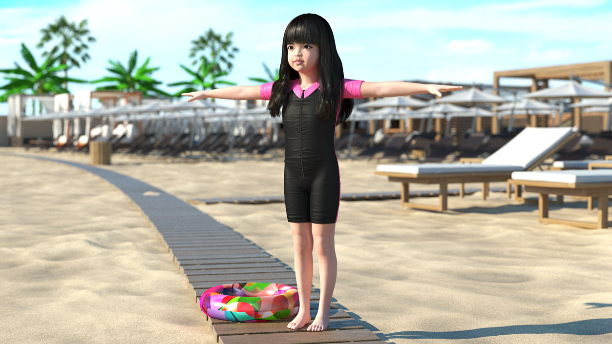 Asian Girl in Beach Suit with Inflatable Circle Rigged 3D model