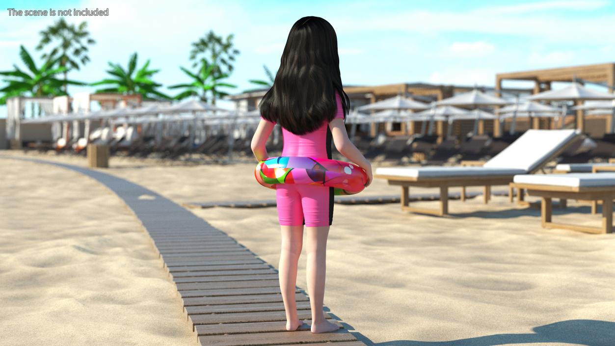 Asian Girl in Beach Suit with Inflatable Circle Rigged 3D model