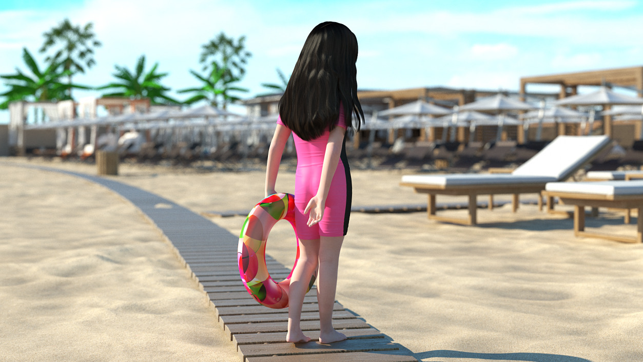 Asian Girl in Beach Suit with Inflatable Circle Rigged 3D model