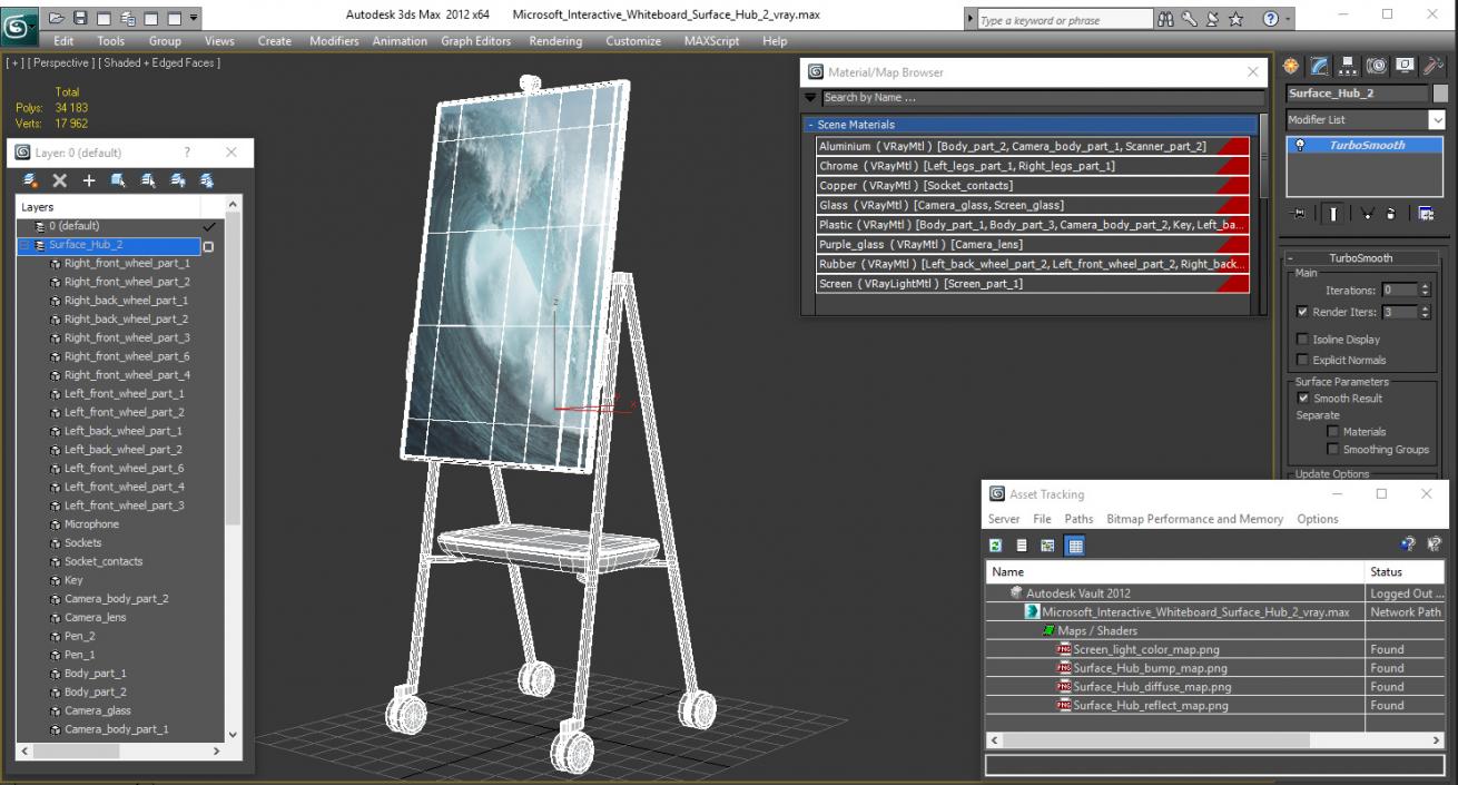 3D Microsoft Interactive Whiteboard Surface Hub 2