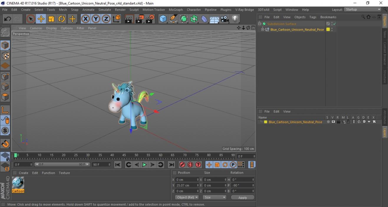 3D Blue Cartoon Unicorn Neutral Pose model