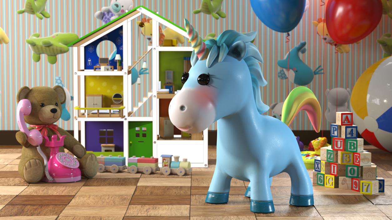 3D Blue Cartoon Unicorn Neutral Pose model