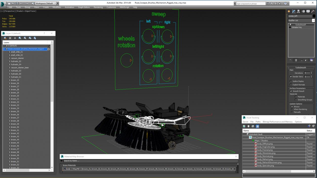 Road Sweeper Brushes Mechanism Rigged 3D