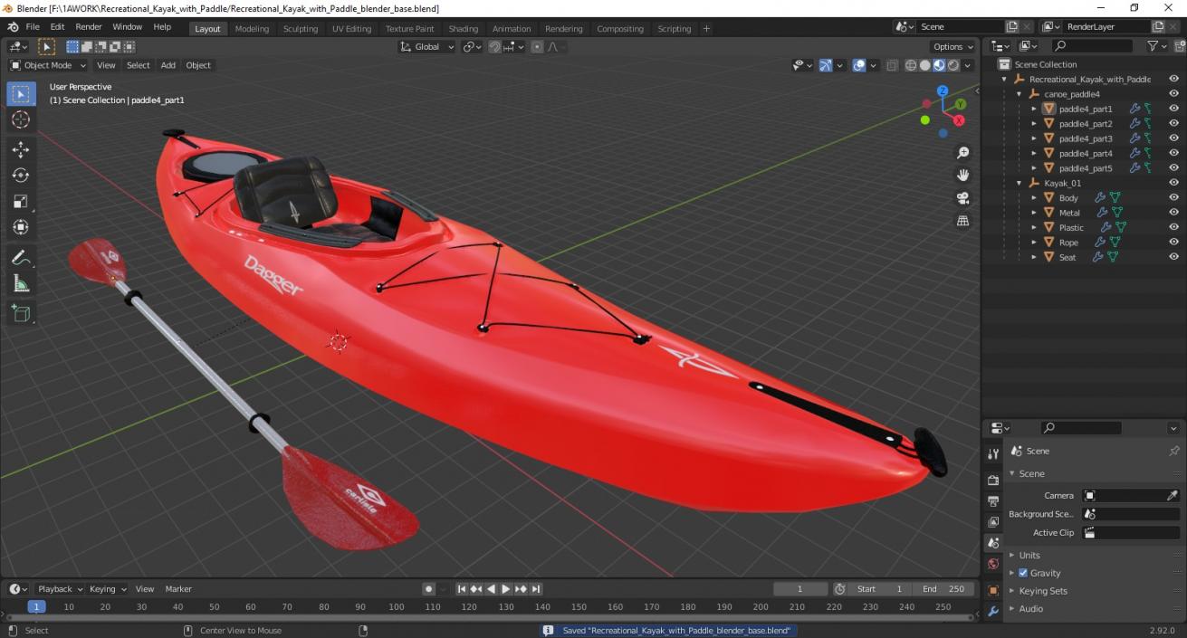 3D model Recreational Kayak with Paddle