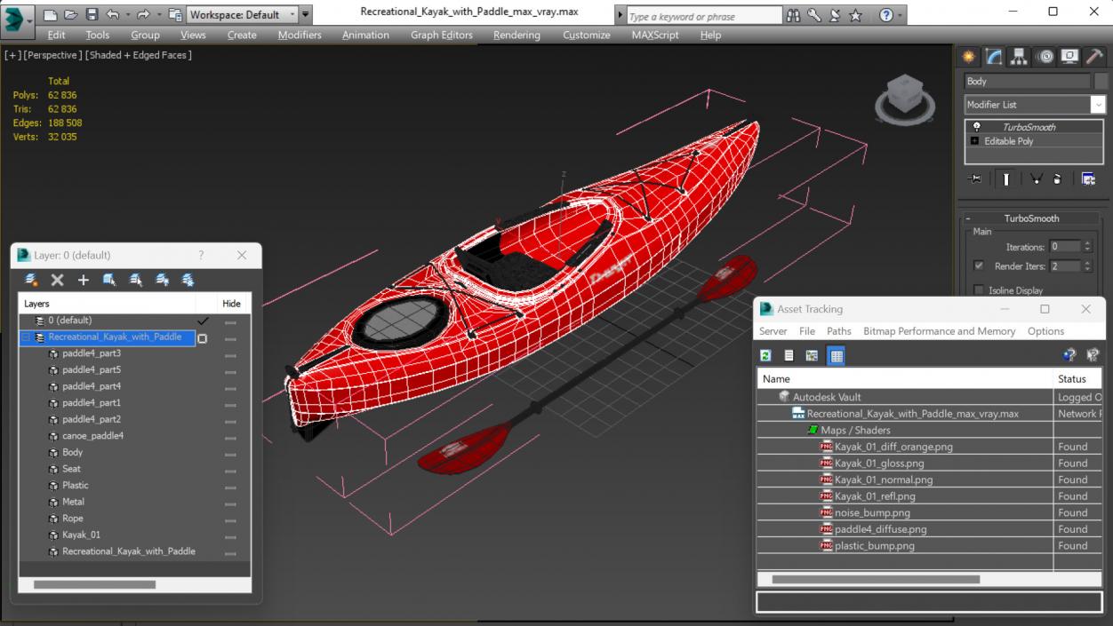 3D model Recreational Kayak with Paddle