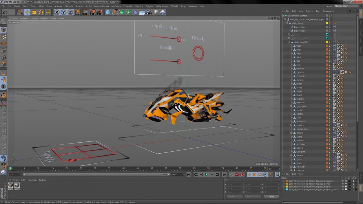3D Scifi Fly Motorcycle Yellow Rigged for Cinema 4D model