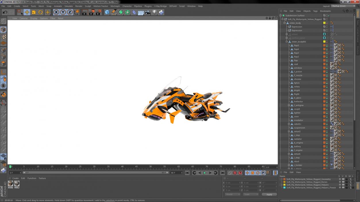 3D Scifi Fly Motorcycle Yellow Rigged for Cinema 4D model