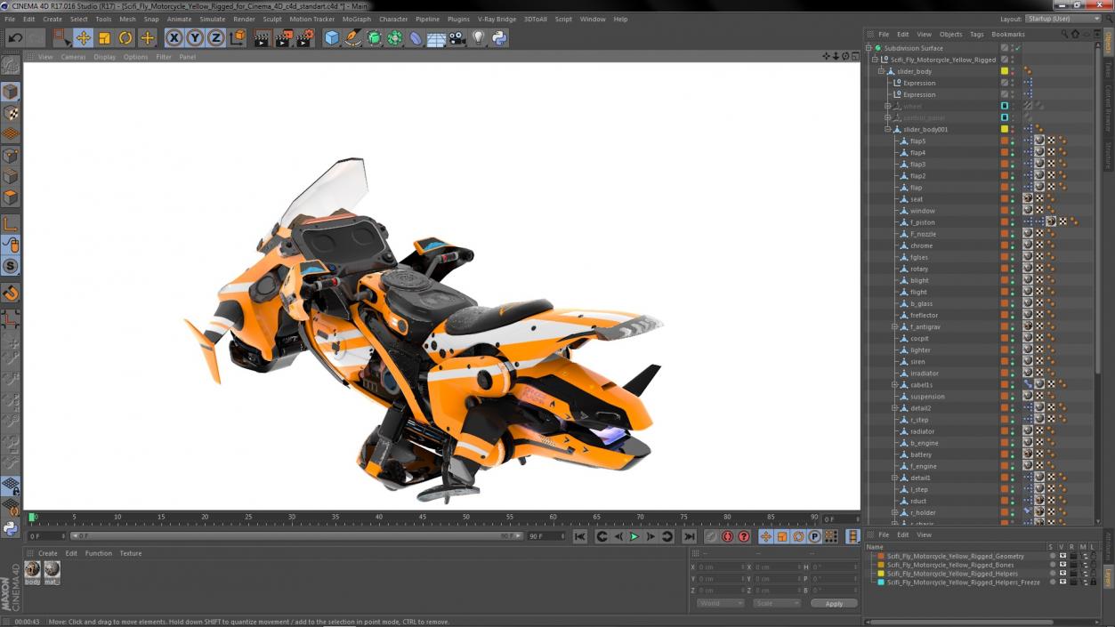 3D Scifi Fly Motorcycle Yellow Rigged for Cinema 4D model