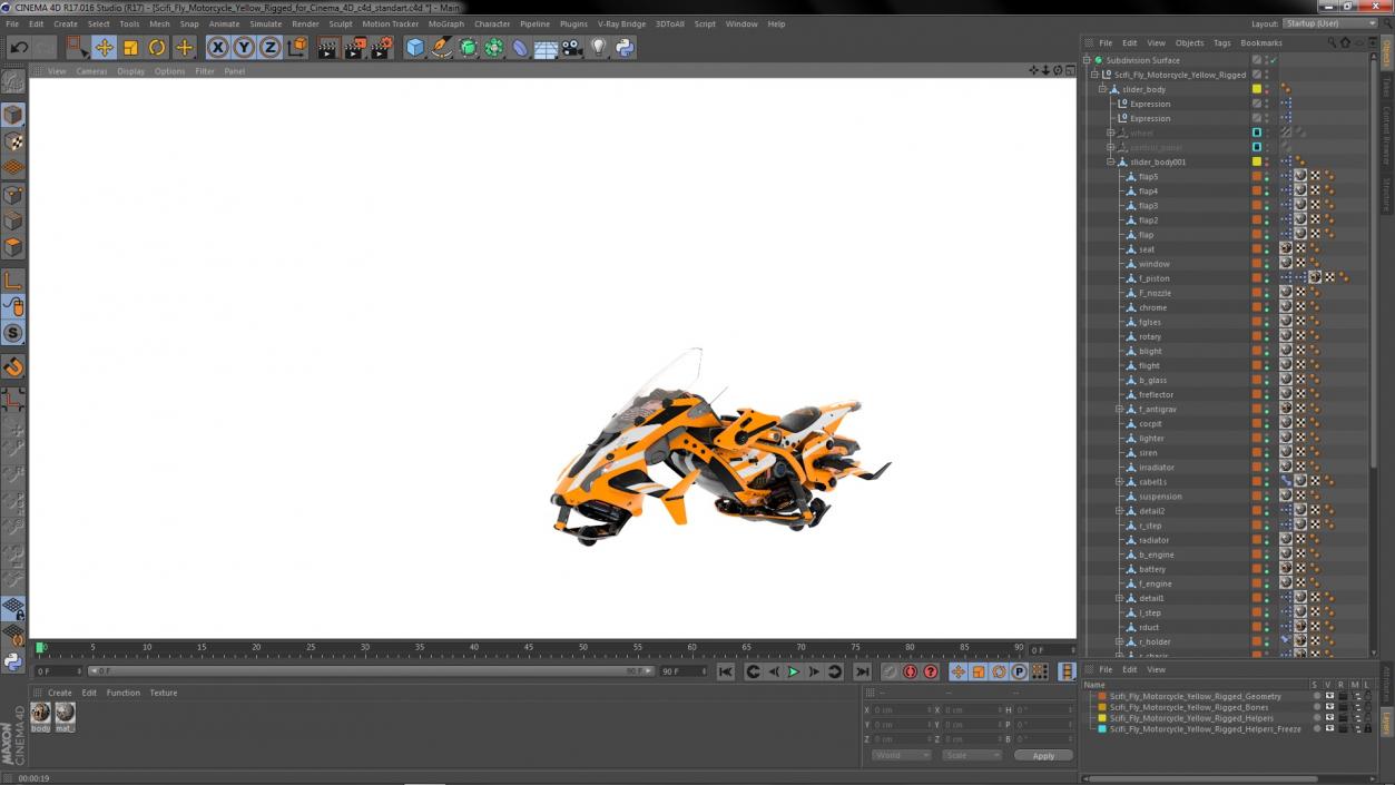 3D Scifi Fly Motorcycle Yellow Rigged for Cinema 4D model