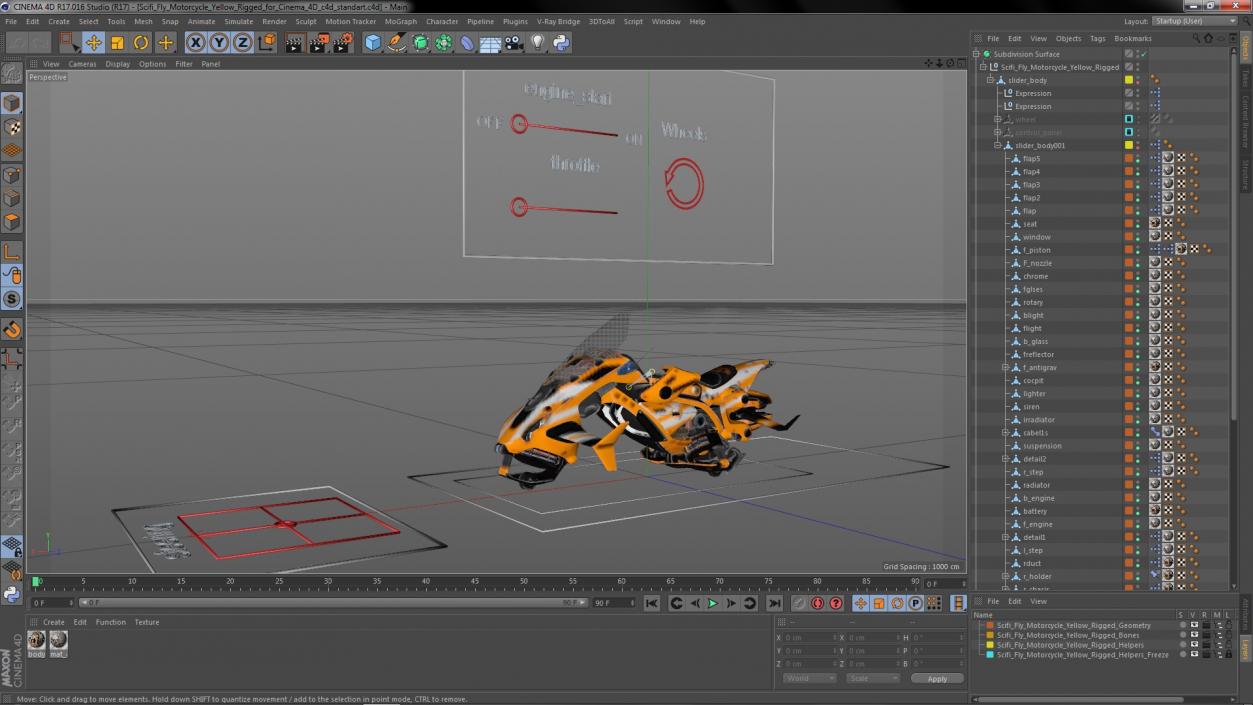 3D Scifi Fly Motorcycle Yellow Rigged for Cinema 4D model