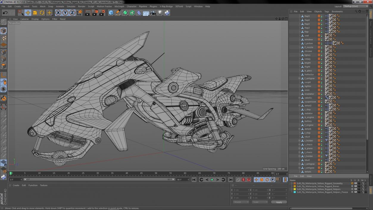 3D Scifi Fly Motorcycle Yellow Rigged for Cinema 4D model