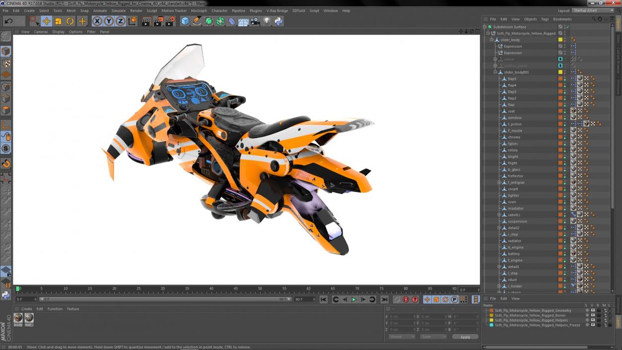 3D Scifi Fly Motorcycle Yellow Rigged for Cinema 4D model