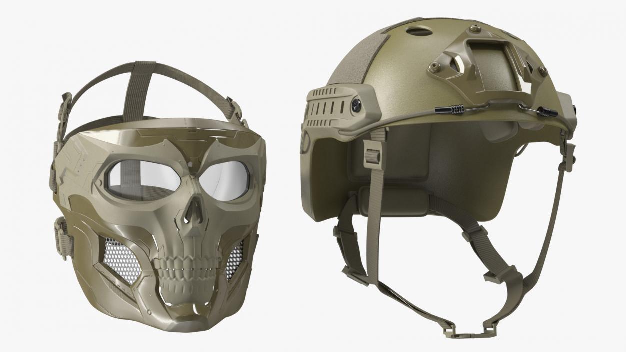 3D Khaki Airsoft Tactical Helmet and Mask model