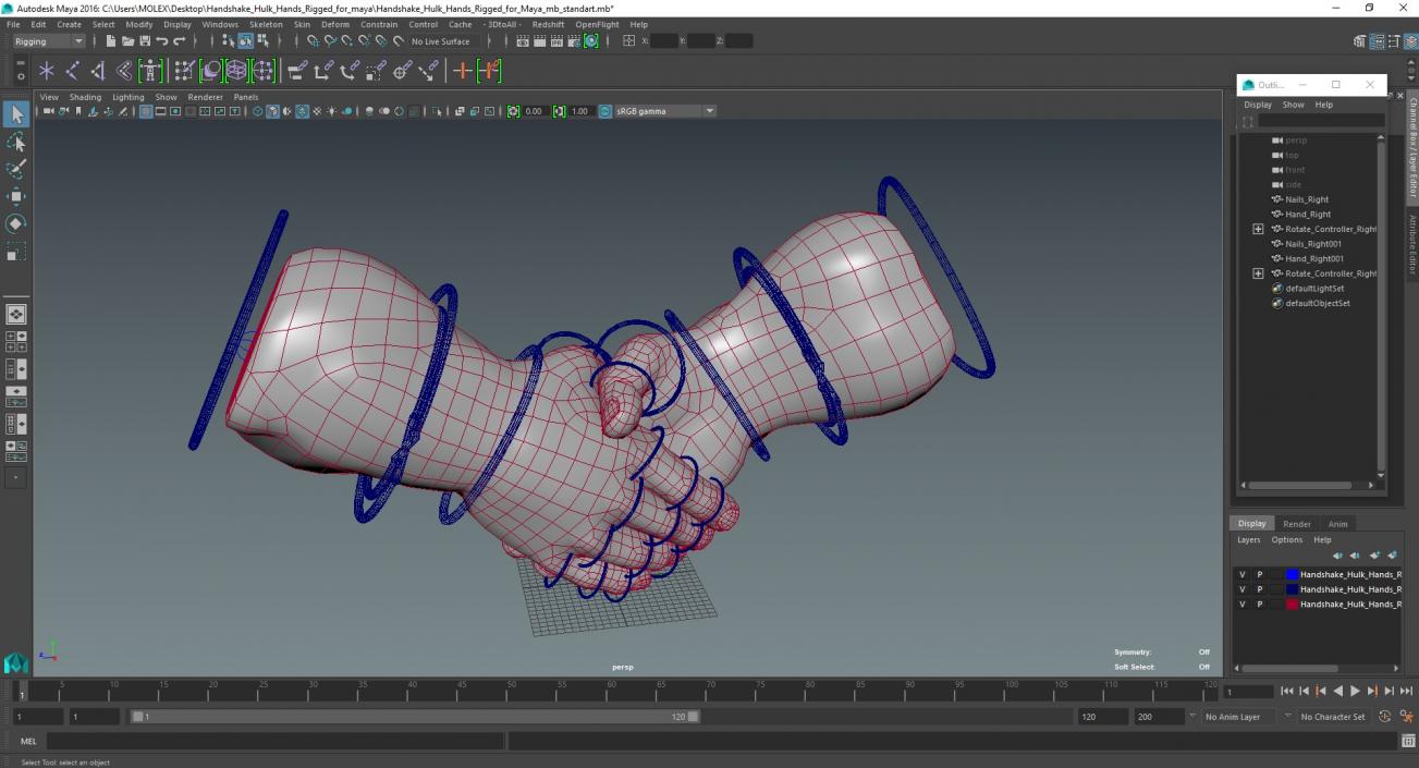 3D Handshake Hulk Hands Rigged for Maya