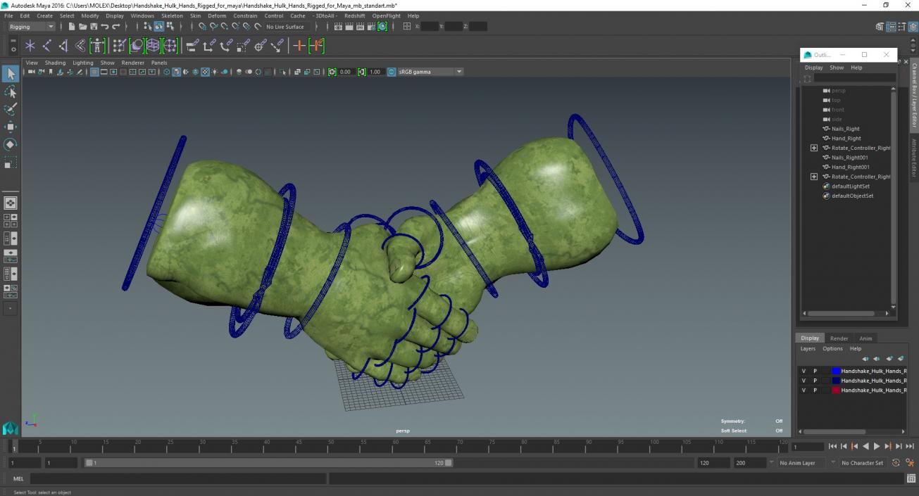 3D Handshake Hulk Hands Rigged for Maya