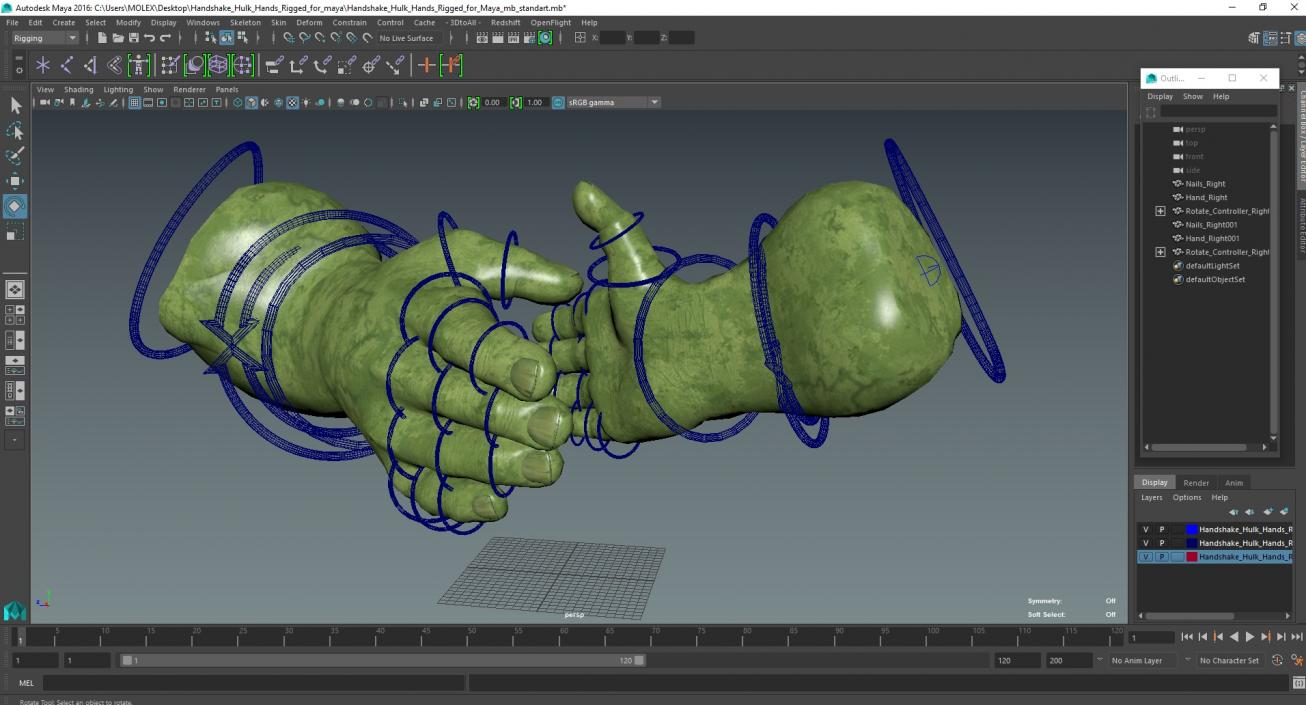 3D Handshake Hulk Hands Rigged for Maya