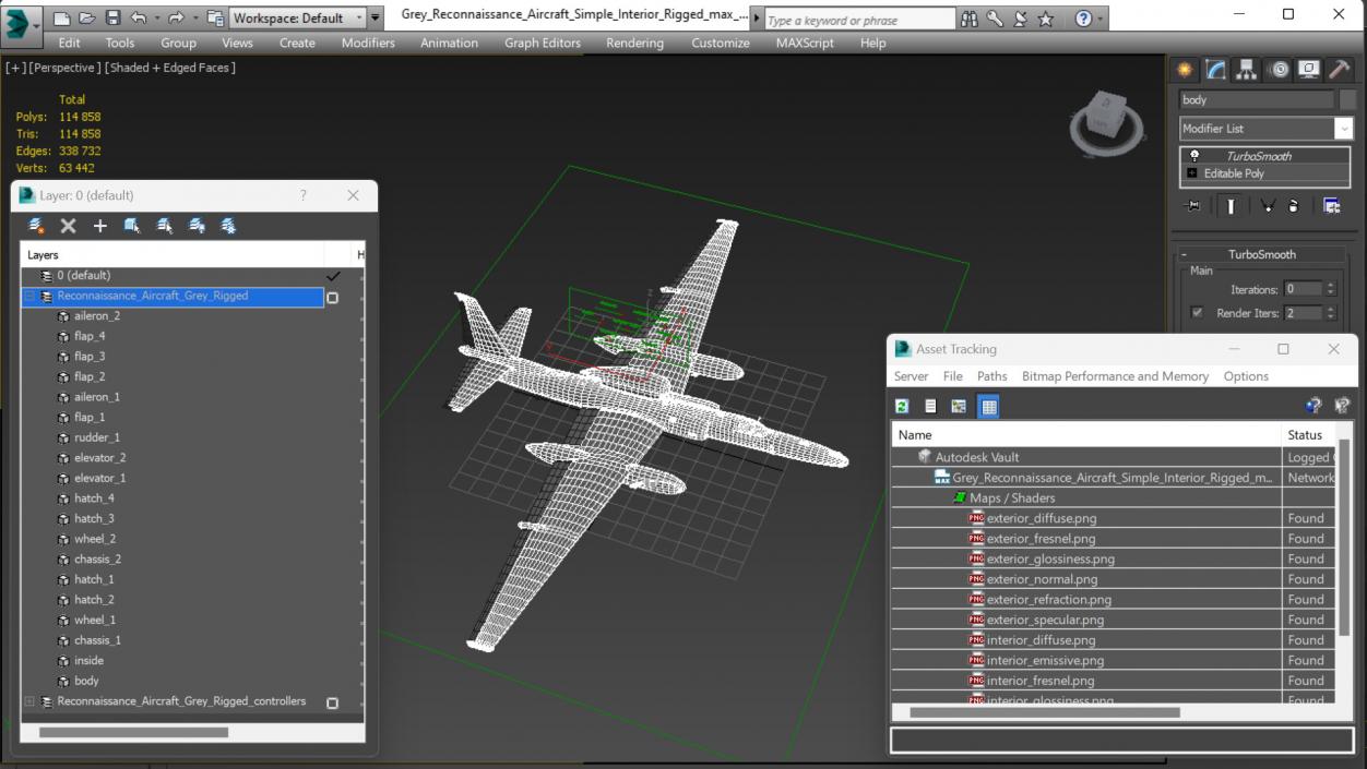 3D model Grey Reconnaissance Aircraft Simple Interior Rigged for Cinema 4D