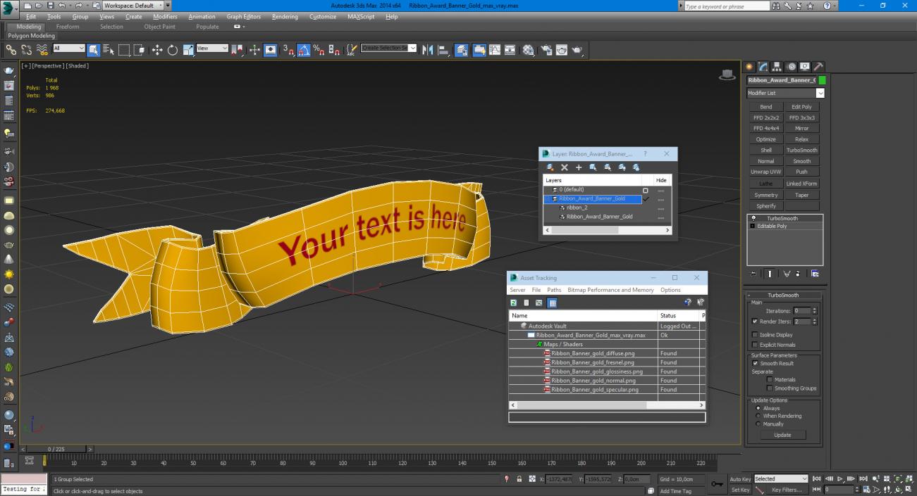 Ribbon Award Banner Gold 3D model