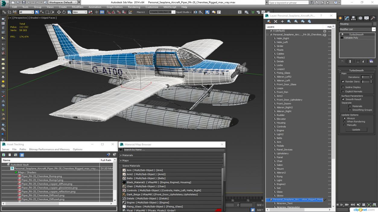 Personal Seaplane Aircraft Piper PA-28 Cherokee Rigged 3D model