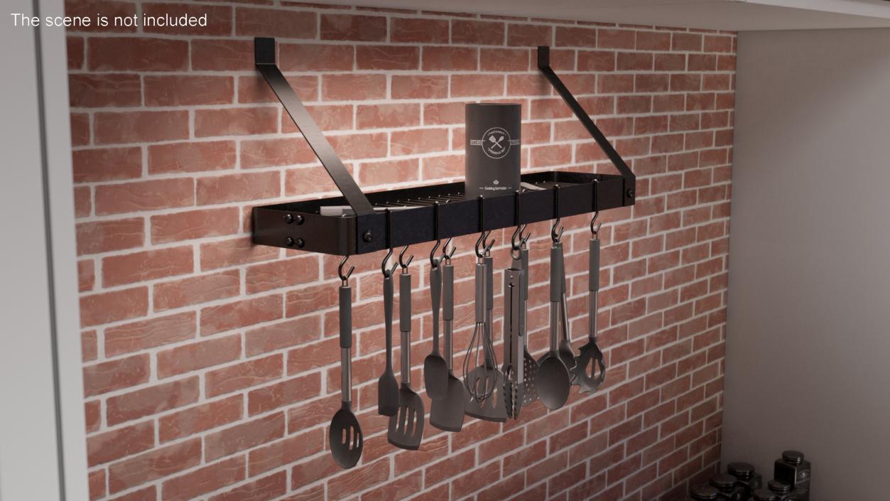 Kitchen Wall Mount Pot Rack with Cooking Utensils 3D model