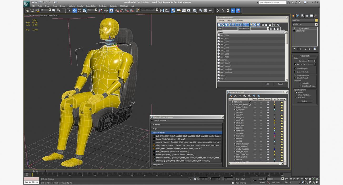 3D Crash Test Dummy in Car Seat model