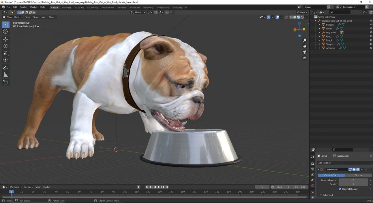 3D Bulldog Eats Out of the Bowl model