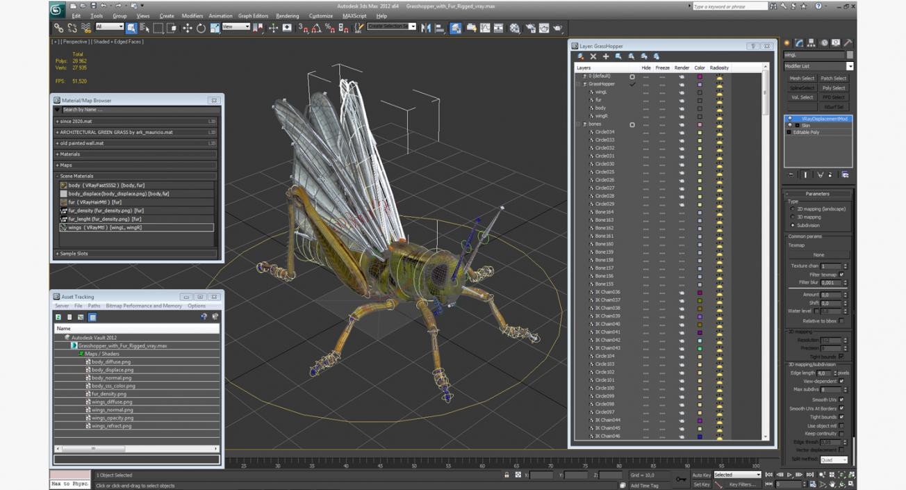 Grasshopper with Fur Rigged 3D