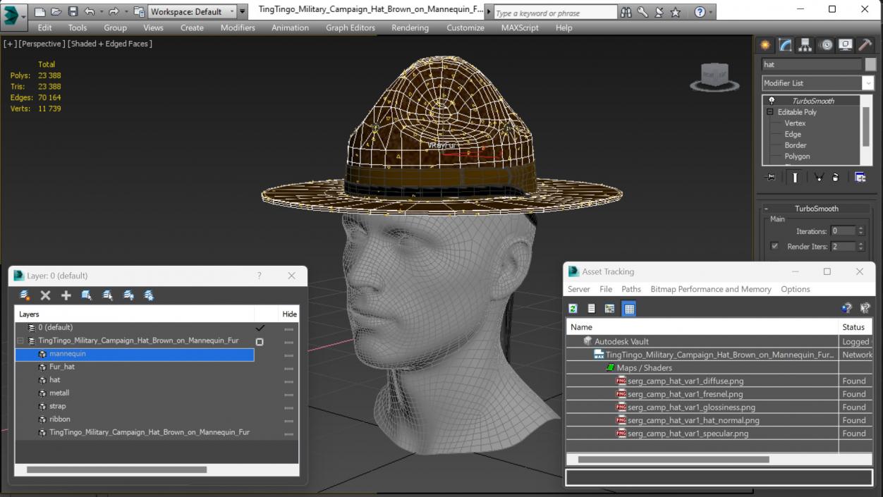 TingTingo Military Campaign Hat Brown on Mannequin Fur 3D model