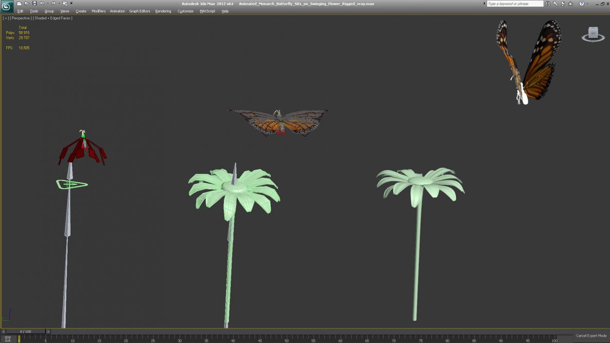 Animated Monarch Butterfly Sits on Swinging Flower Rigged 3D