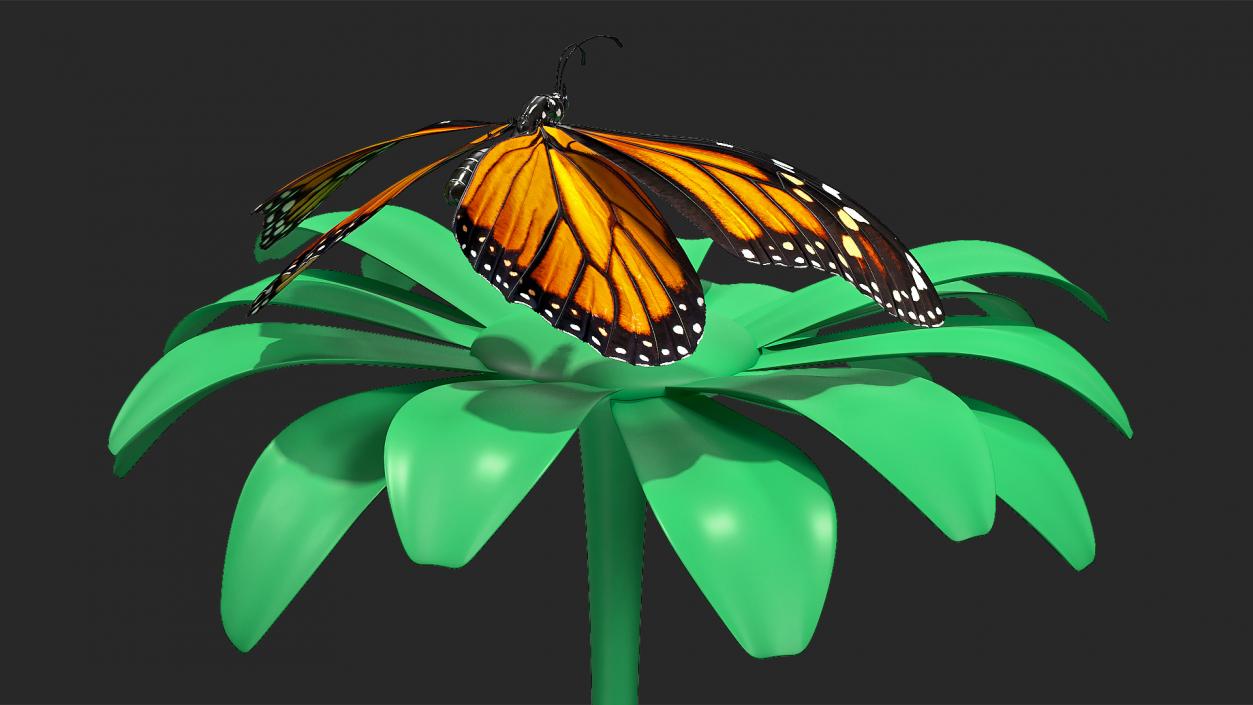 Animated Monarch Butterfly Sits on Swinging Flower Rigged 3D