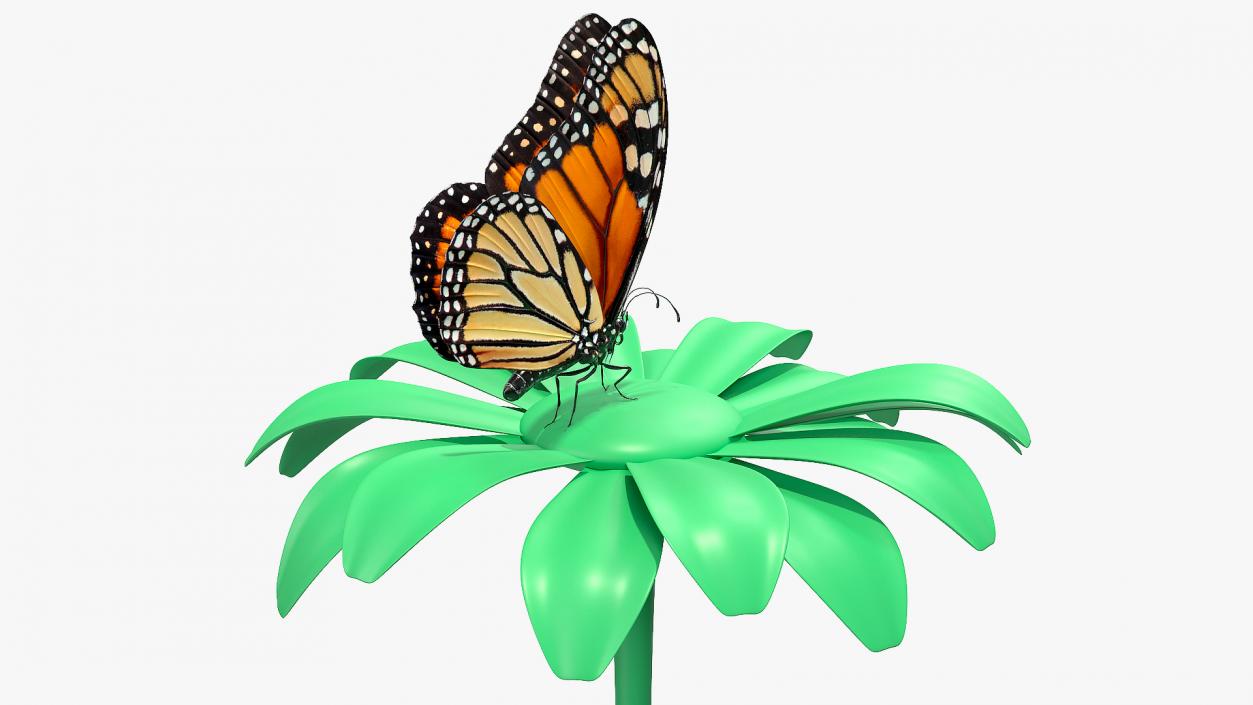 Animated Monarch Butterfly Sits on Swinging Flower Rigged 3D