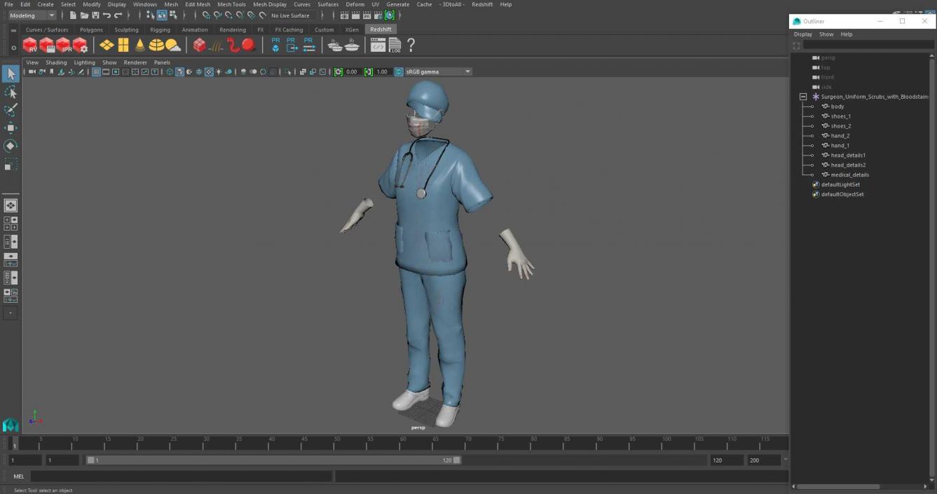 3D Surgeon Uniform Scrubs with Bloodstains with Stethoscope