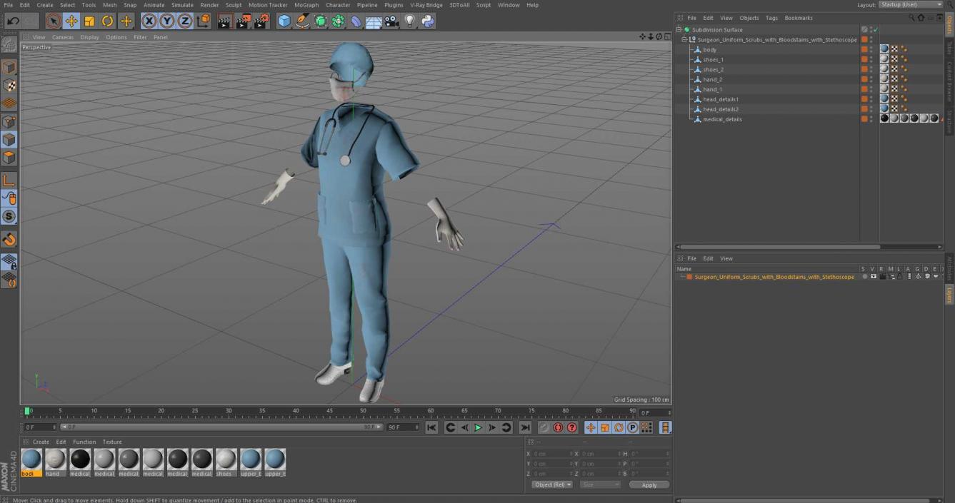 3D Surgeon Uniform Scrubs with Bloodstains with Stethoscope